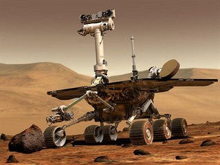 Marsovské vozítko Opportunity na rudé planetě podle představ ilustrátora