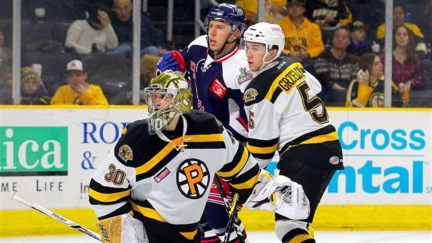 esk glman se ohl za pukem v AHL v tmu Providence Bruins, ped nm stoj Matt Grzelcyk