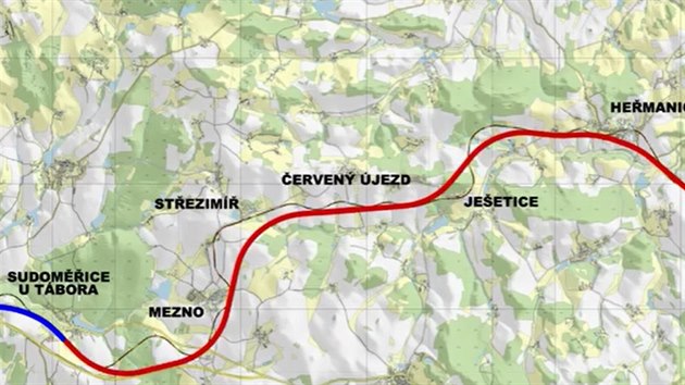 Červeně je vyznačeno, kudy povede zmodernizovaná trať mezi Sudoměřicemi u Tábora a Voticemi.