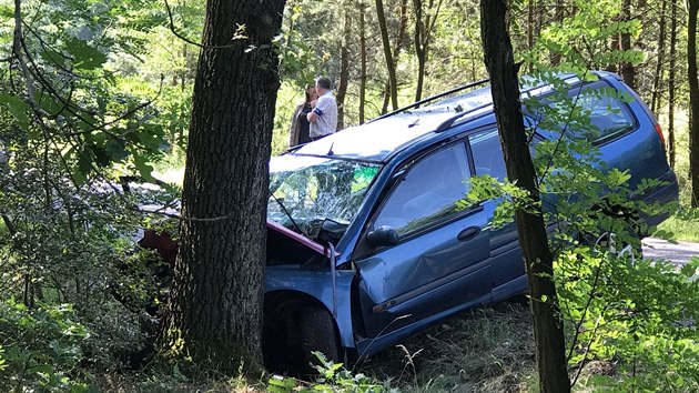 Řidič u obce Dvorce na Nymbursku narazil do stromu. Nehodu nepřežil, spolujezdkyni odvezli záchranáři vrtulníkem do nemocnice (15.6.2018)