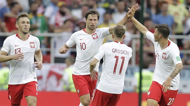 SNÍŽIL. Polští fotbalisté slaví branku na 1:2, kterou v utkání se Senegalem vstřelil Grzegorz Krychowiak (číslo 10).