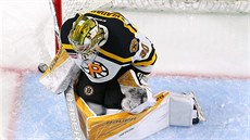 eský gólman chytá puk v AHL v týmu Providence Bruins.