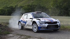 Jan Kopecký a Pavel Dresler s vozem koda Fabia R5 bhem první etapy na Rallye...