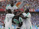 Fotbalisté Senegalu se spolen radují z branky do sít Japonska.