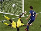 Senegalský brankář Khadim Ndiaye (ve žlutém) se marně natahuje po míči v zápase...