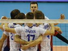 Čeští volejbalisté se radují ze zisku bodu ve finále kvalifikačního turnaje o...