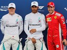 Do Velké ceny Francie odstartuje z prvního místa Lewis Hamilton (uprosted)....