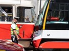 Sráka tramvají na Karlov námstí v Praze. (29. ervna 2018)