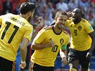 Belgický kapitán Eden Hazard (uprosted) se raduje z gólu proti Tunisku.