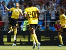 Belgický kapitán Eden Hazard (vlevo) se raduje z gólu proti Tunisku.