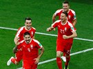 Aleksandar Mitrovi (uprosted, íslo 9) slaví se svými spoluhrái srbský gól v...