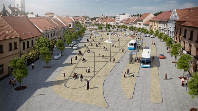 Takto by podle vizualizací mohlo po úpravě vypadat třebíčské Karlovo náměstí. Podoba kašny je pouze ilustrativní, nakonec v soutěži zvítězila jiná verze.