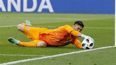 Japonský branká Eidi Kawaima zasahuje v utkání se Senegalem.