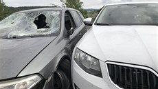 Konec honiky. Nabouraný Renault (vlevo) ujídjícího idie i policejní auto.