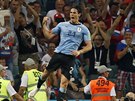 Édinson Cavani z Uruguaye slaví ve výskoku svou trefu v osmifinále MS proti...