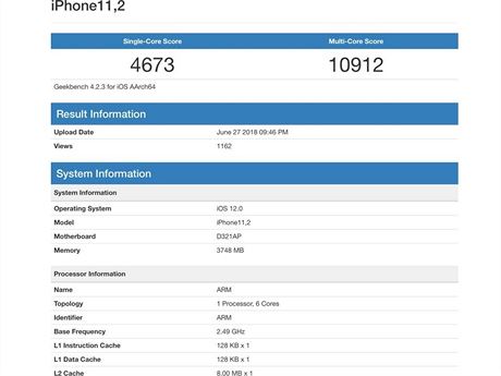 Vsledky prototypu letonho iPhonu v testu Geekbench