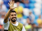 ÚSMV PED BITVOU. Fotbalista Uruguaye Luis Suárez se rozcviuje ped...
