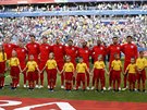 Anglití fotbalisté zpívají hymnu ped tvrtfinále mistrovství svta proti...