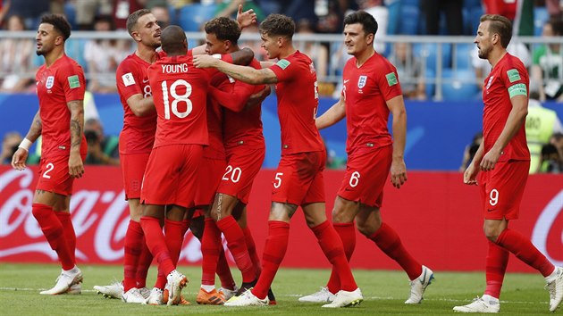 Gólová radost anglických fotbalistů ve čtvrtfinále mistrovství světa.