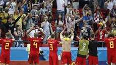 Belgi�tí fotbalisté se radují z postupu do semifinále mistrovství sv�ta....