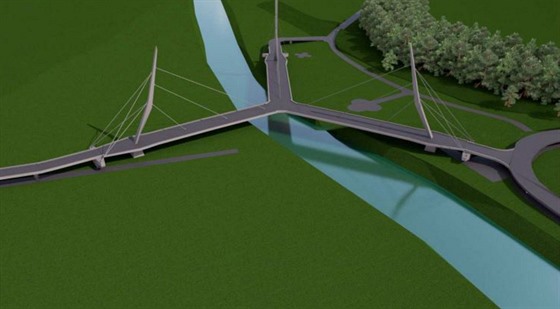 Nová podoba plánovaného mostu, který má propojit Česko, Polsko a Německo.