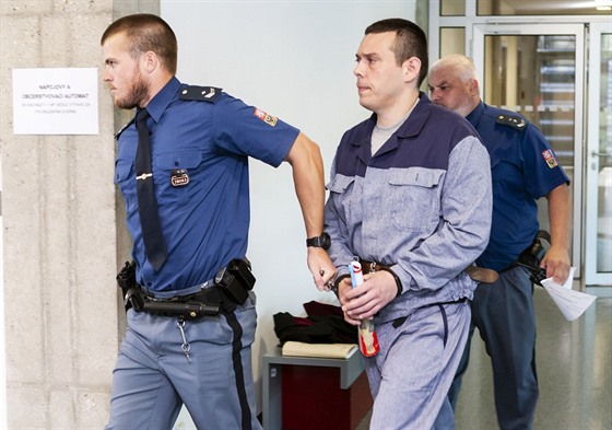 Česlav Hurina obžalovaný z vraždy policisty přichází v doprovodu eskorty k jednací síni olomouckého krajského soudu (snímek z dřívějšího soudního jednání).
