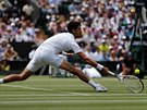Srbský tenista Novak Djokovi se natahuje po míku ve tvrtfinále Wimbledonu.