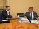 Jan Hamáek a Andrej Babi ped zaátkem jednání vlády. (10. ervence 2018)