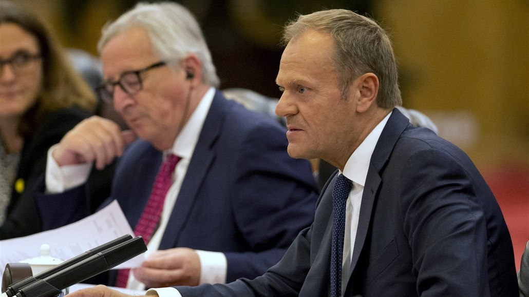 Předseda Evropské rady Donald Tusk (v popředí, v pozadí předseda Evropské...