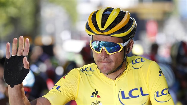 Greg van Avermaet ve lutm dresu pro ldra Tour de France.