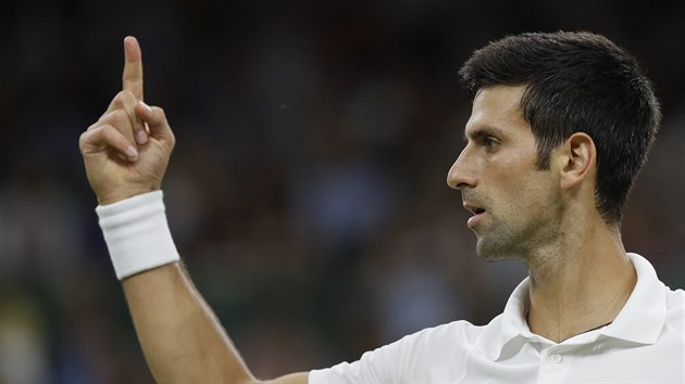 Novak Djokovi gestikuluje bhem wimbledonskho semifinle.