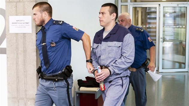 Čtyřiatřicetiletý Česlav Hurina, kterému hrozí za vraždu dvanáct až dvacet let vězení, přichází v doprovodu eskorty k jednací síni olomouckého krajského soudu. (17. července 2018)