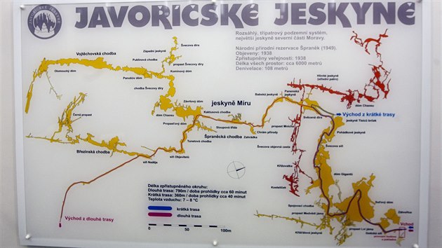 Mapa zobrazujc veker v souasnosti objeven prostory zhruba estikilometrovho komplexu Javoskch jeskyn