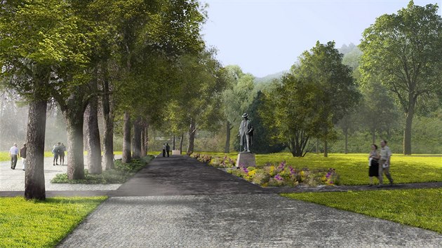 Vizualizace nové podoby Jiráskova parku v Hronově, socha spisovatele se má posunout do středu.