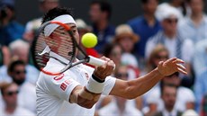 Japonec Kei Niikori returnuje ve tvrtfinále Wimbledonu.