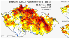 Intenzita sucha v eské republice (1. ervence 2018).