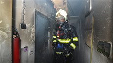 Hasiči před požárem v panelovém domu zachraňovali lidi i zvířata. (10.7.2018)
