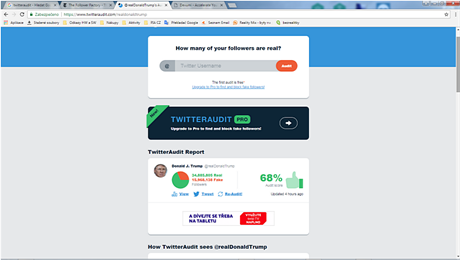 Hldacpes.org / TwitterAudit profilu americkho prezidenta Donalda Trumpa. Aplikace TwitterAudit odhaluje falen followery v rmci sociln st Twitter.