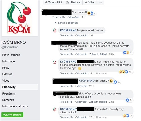 Diskuze na facebookovém profilu brněnské KSČM.