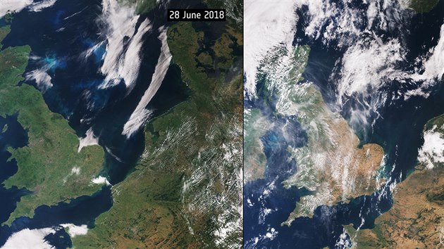 Srovnávací snímek z družice Sentinel-3 ukazuje, nakolik Evropa vlivem sucha během jednoho měsíce zhnědla.