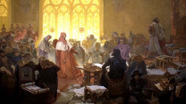 Alfons Mucha: Husitsk krl Ji z Podbrad (1462), (1923, vajen tempera, olej, pltno, 405 x 480 cm)