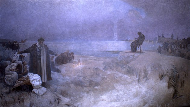 Alfons Mucha: Smrt Komenského v Naardenu (1670), (1918, vaječná tempera, olej, plátno, 405 x 620 cm)
