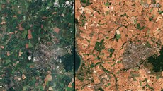 Srovnávací snímek z druice Sentinel-2 ukazuje jak vypadala pole na dánském...