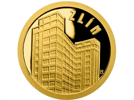 Baťův mrakodrap na zlaté pamětní minci.