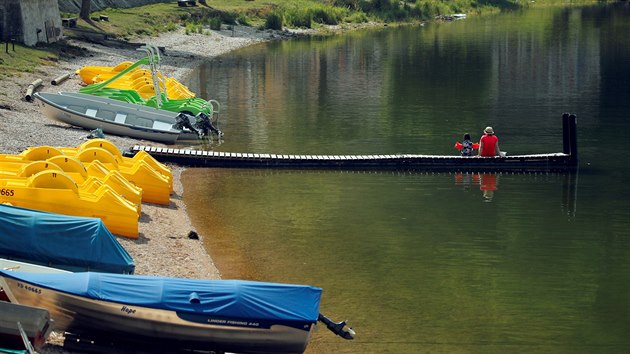 Lidé si užívají horký letní den na jezeře ve švýcarském Le Pont. (31. července 2018)