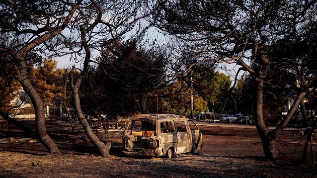 Burnt trees and a destroyed car are seen on a field following a
wildfire at the village of Mati, near Athens, Greece, July 25, 2018.