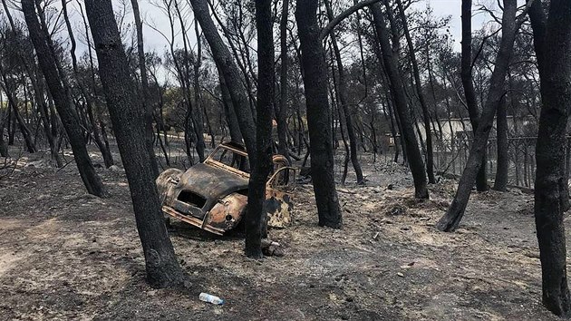 A burnt car is seen after a wildfire in Mati, Greece, July 24, 2018 in
this image obtained from social media.