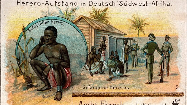 Povstání namibijského kmene Hererů proti německé koloniální nadvládě na dobovém obrázku německé společnosti Aecht Franck Kaffeezusatz