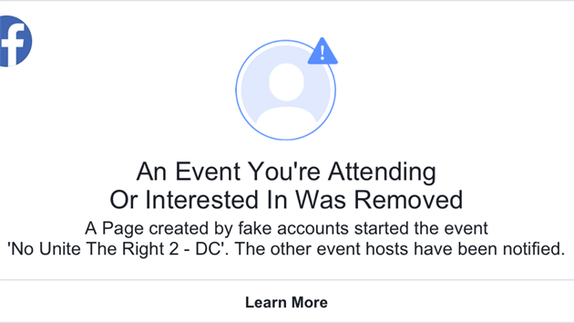 Takto Facebook upozorní účastníky akce, kterou vytvořil některý z falešných (neautentických) účtů