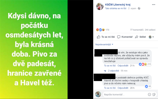 Píspvek, který stránka KSM Liberecký kraj sdílela na Facebooku 2. srpna.
